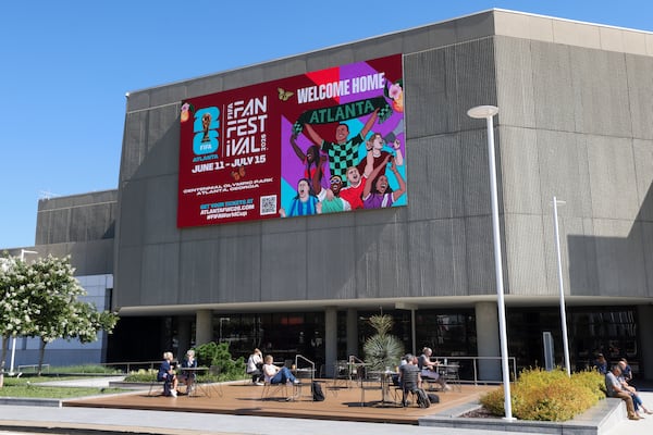 A Georgia World Congress Center billboard promoting FIFA Fan Festival at Centennial Olympic Park conveys a welcoming message. (Jason Getz/AJC)