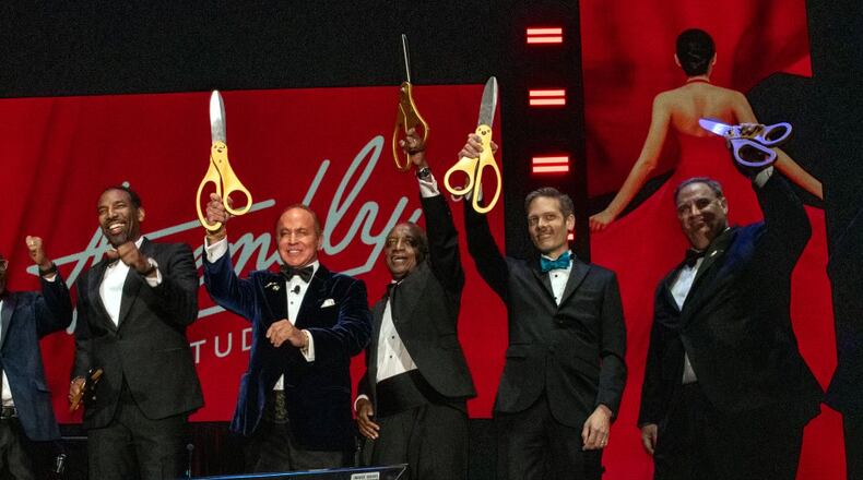 The Assembly Studios opening gala features a ribbon cutting ceremony featuring, left to right, Atlanta mayor Andre Dickens, Gray TV CEO Hilton Howell, Dekalb CEO Michael Thurmond, Doraville Mayor Joseph Geierman and developer The Gipson Company's Jay Gipson. CONTRIBUTED