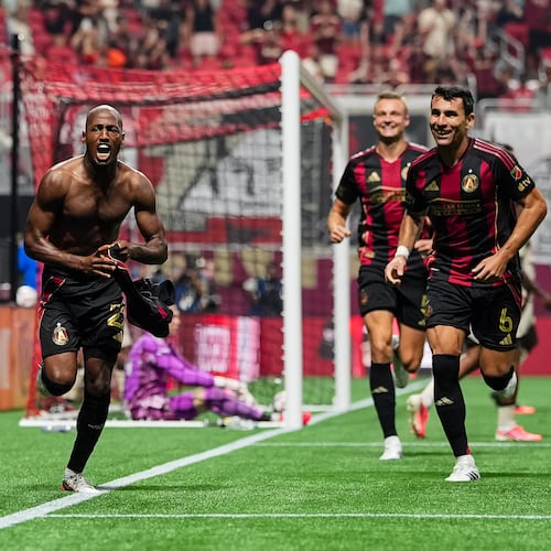 Atlanta United forward Fafà Picault (left celebrates after scoring the game-winner in the 82nd miniute against Red Bull New York on Saturday, Aug. 15, 2026, at Mercedes-Benz Stadium in Atlanta. (Courtesy of Mitch Martin/Atlanta United)