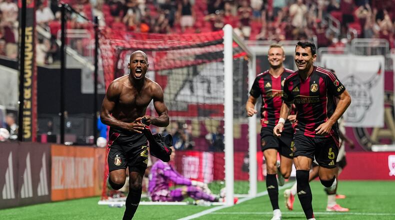 Atlanta United forward Fafà Picault (left celebrates after scoring the game-winner in the 82nd miniute against Red Bull New York on Saturday, Aug. 15, 2026, at Mercedes-Benz Stadium in Atlanta. (Courtesy of Mitch Martin/Atlanta United)