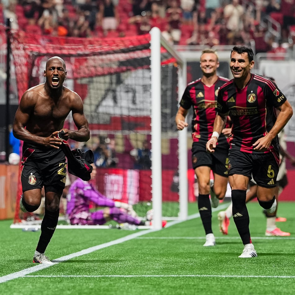 Atlanta United forward Fafà Picault (left celebrates after scoring the game-winner in the 82nd miniute against Red Bull New York on Saturday, Aug. 15, 2026, at Mercedes-Benz Stadium in Atlanta. (Courtesy of Mitch Martin/Atlanta United)
