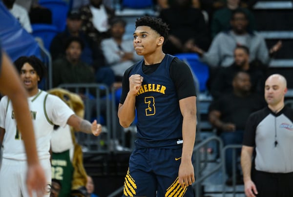 Wheeler's Colben Landrew reacts during the second half of the GHSA Class 6A Boys State Basketball playoffs game at the Georgia State Convocation Center, Saturday, March 1, 2025, in Atlanta. Wheeler won 68-53 over Grayson. (Hyosub Shin/AJC)