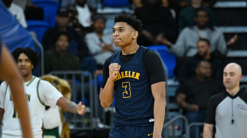Wheeler's Colben Landrew - the AJC's Cobb County player of the year - reacts during the second half of the GHSA Class 6A boys semifinals at the Georgia State Convocation Center, Saturday, March 1, 2025, in Atlanta. Wheeler won 68-53 over Grayson. (Hyosub Shin / AJC)
