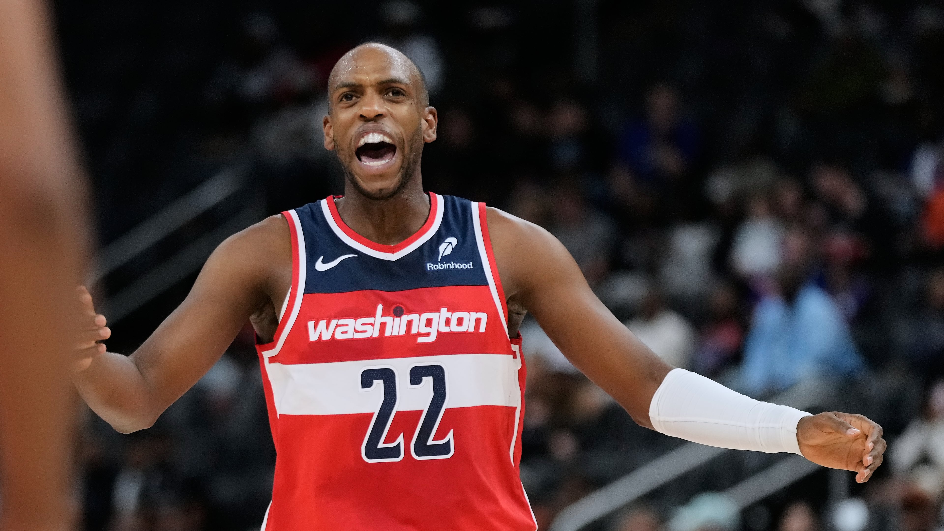 Washington Wizards forward Khris Middleton reacts during the first half of a preseason NBA basketball game against the Detroit Pistons Thursday, Oct. 16, 2025, in Detroit. (AP Photo/Ryan Sun)BKN