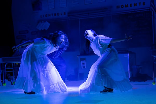 This image released by O&M/DKC shows Sadie Sink, left, and Amalia Yoo during a performance of "John Proctor Is the Villain" in New York. (Julieta Cervantes/O&M/DKC via AP)