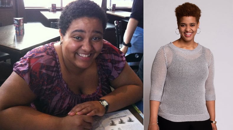 Jade Angela Moore of Norcross weighed 275 pounds, left, when she started going to the gym and working out. By this past June, right, she was down to 175 pounds.