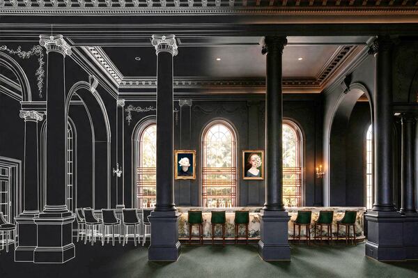 A rendering of the future location of Hal's the Steakhouse shows a room painted in black with three columns, a banquet table, chairs seated around it and three tall windows.