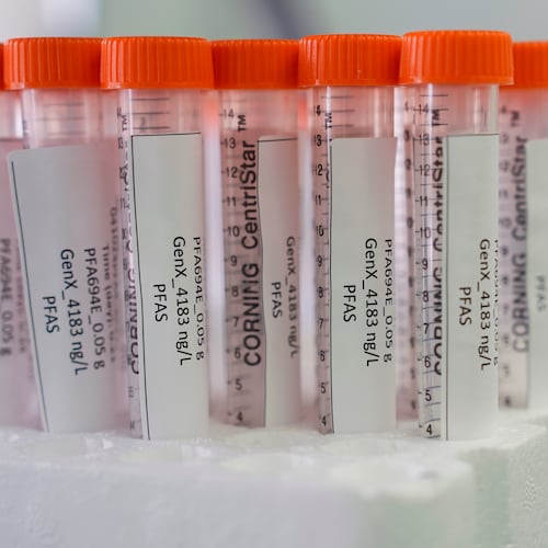 FILE - Vials containing PFAS samples sit in a tray April 10, 2024, at a U.S. Environmental Protection Agency lab in Cincinnati. (AP Photo/Joshua A. Bickel, File)