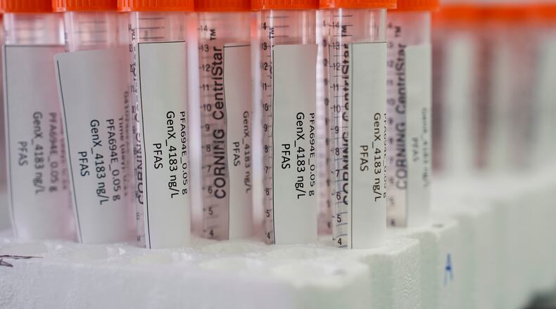 FILE - Vials containing PFAS samples sit in a tray April 10, 2024, at a U.S. Environmental Protection Agency lab in Cincinnati. (AP Photo/Joshua A. Bickel, File)