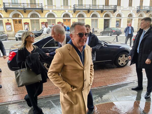 In this photo released by IIS "Metal Supply and Sales" metalinfo.ru on Friday, April 11, 2025, U.S. President Donald Trump's special envoy Steve Witkoff arrives for the talks with Russian President Vladimir Putin's investment envoy Kirill Dmitriev in St. Petersburg, Russia. (IIS "Metal Supply and Sales" metalinfo.ru via AP)