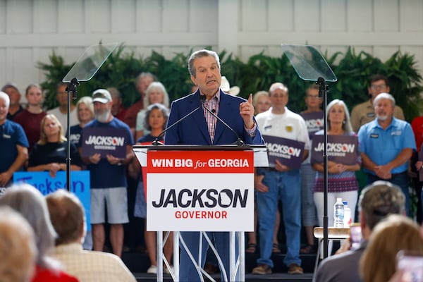 Republican gubernatorial candidate Rick Jackson speaks during a general election campaign rally at Meadows at Mossy Creek in Cleveland, Ga., Thursday, July 16, 2026. (Arvin Temkar/Atlanta Journal-Constitution via AP)
