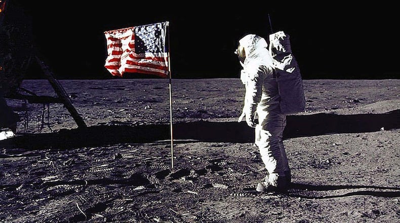 Astronuats Neil Armstrong and Buzz Aldrin planted the American flag on the moon during the historic Apollo 11 mission on July 20, 1969.