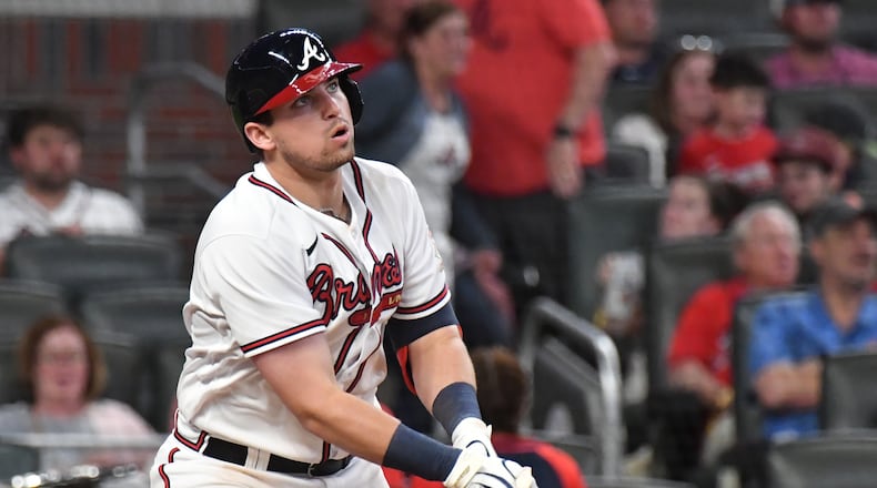 May 19, 2021 Atlanta - Atlanta Braves third baseman Austin Riley (27) hits a doubles in the 8th inning at Truist Park on Wednesday, May 19, 2021. Atlanta Braves won 5-4 over New York Mets. (Hyosub Shin / Hyosub.Shin@ajc.com)
