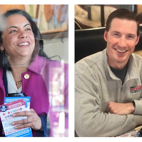 This combination of photo shows candidates running for New Jersey's 11th congressional district, Democrat Analilia Mejia on March 24, 2026, in Morristown, N.J., left, and Republican Joe Hathaway on March 19, 2026, in Bloomfield, N.J. (AP Photo/Seth Wenig, left, Steve Peoples)