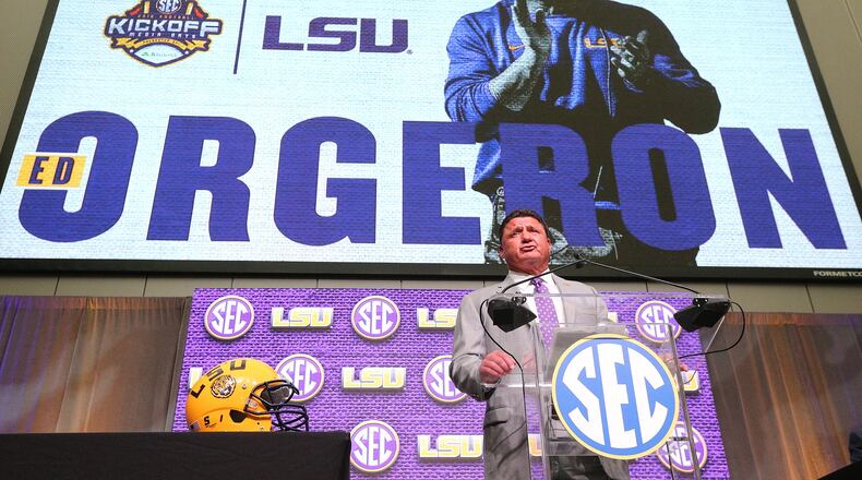 July 16, 2018 Atlanta: LSU head football coach Ed Orgeron holds his SEC Media Days press conference at the College Football Hall of Fame on Monday, July 16, 2018, in Atlanta.     Curtis Compton/ccompton@ajc.com