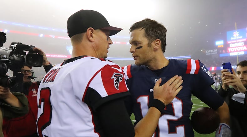 October 22, 2017 Foxborough: Falcons quarterback Matt Ryan and Patriots quarterback Tom Brady greet each other after the Patriots defeated the Falcons 23-7 during their Super Bowl rematch in a NFL football game on Sunday, October 22, 2017, in Foxborough. Curtis Compton/ccompton@ajc.com