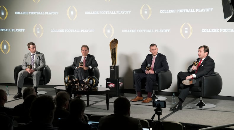 The coaches of the four teams in the college football playoff. From right: Georgia’s Kirby Smart, Oklahoma’s Lincoln Riley, Alabama’s Nick Saban and Clemson’s Dabo Swinney.