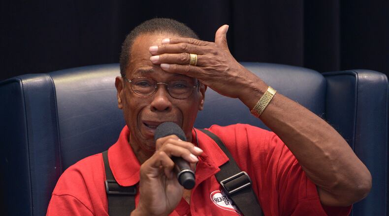Hall of Famer and former Minnesota Twins baseball player Rod Carew gets emotional as he speaks to fans about his recent heart attack during TwinsFest, Saturday, Jan. 30, 2016, in Minneapolis. (Bre McGee/Star Tribune via AP) MANDATORY CREDIT; ST. PAUL PIONEER PRESS OUT; MAGS OUT; TWIN CITIES LOCAL TELEVISION OUT