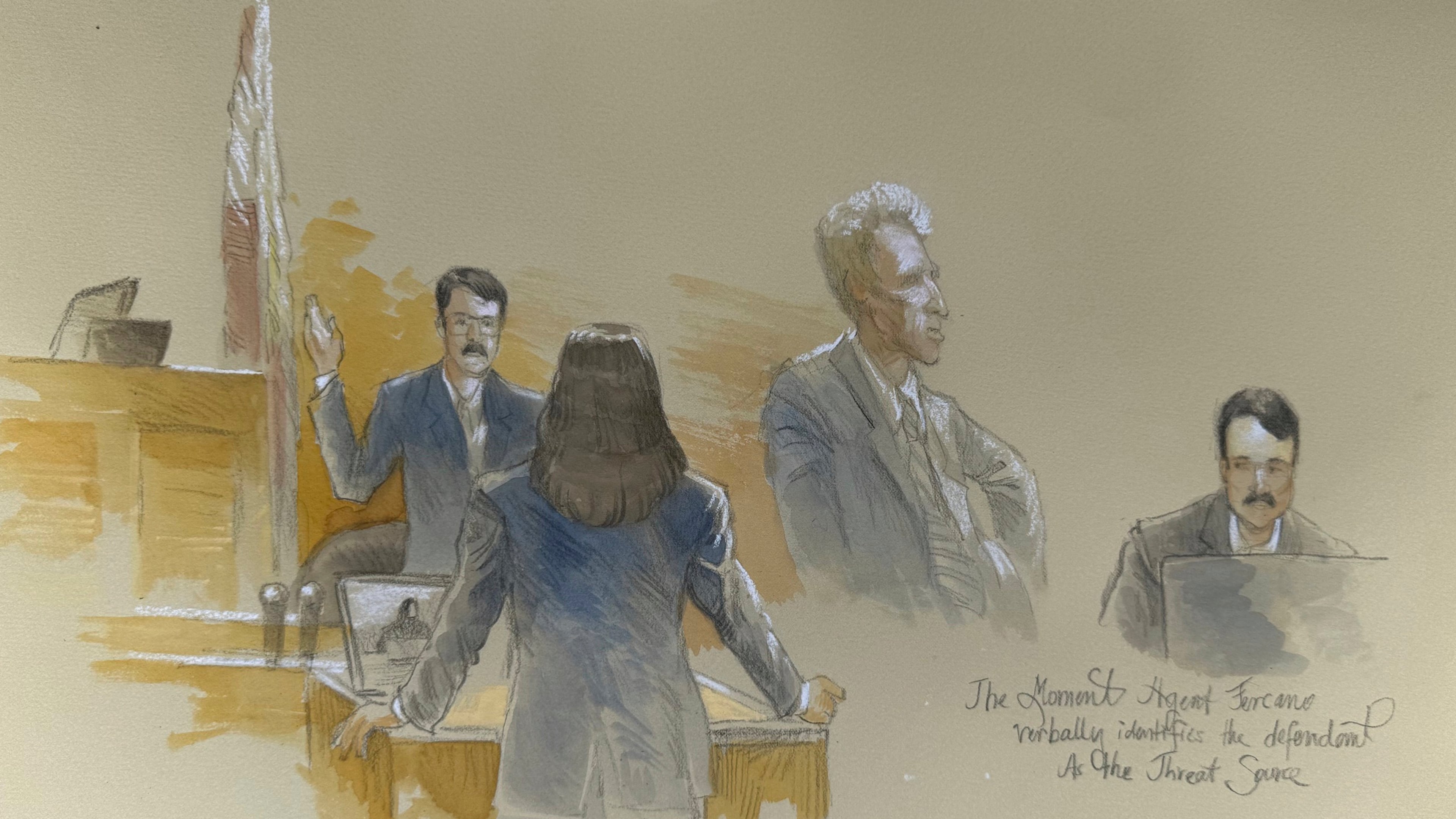 This courtroom sketch shows Secret Service agent Robert Fercano identifying the defendant in the trial of Ryan Routh, who is charged with attempting to assassinate Donald Trump last year at a golf course in South Florida, Thursday, Sept. 11, 2025, in Fort Pierce, Fla. (Lothar Speer via AP)