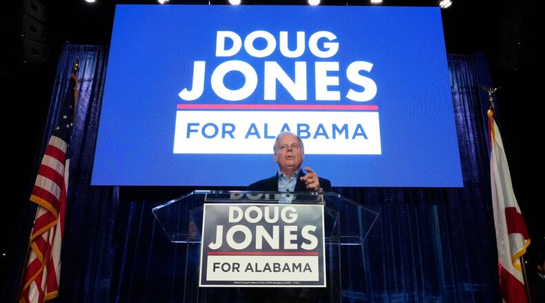 Gubernatorial candidate former Sen. Doug Jones, D-Ala., speaks during an event Friday, Dec. 12, 2025, in Birmingham, Ala. (AP Photo/Brynn Anderson)