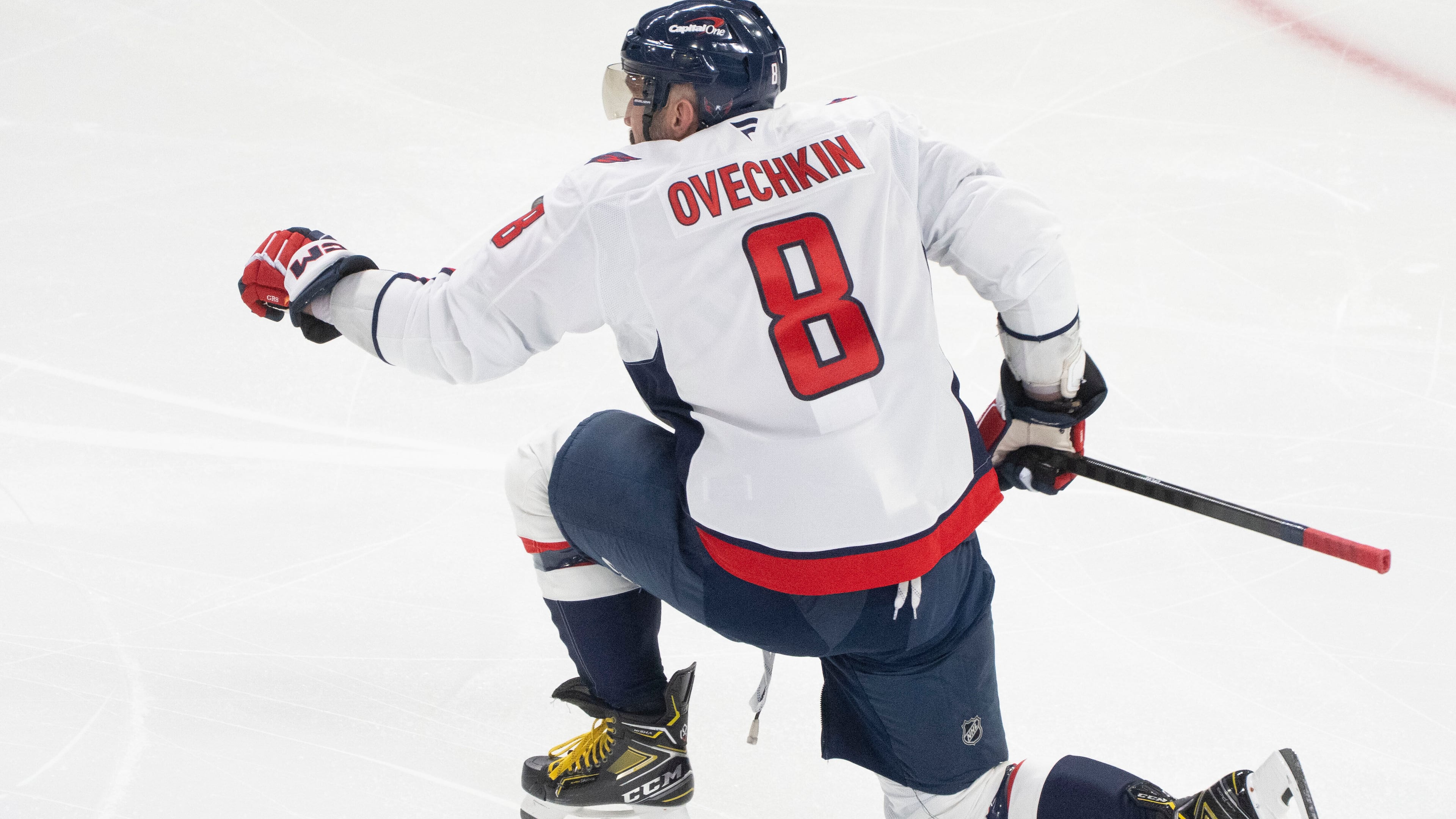 Washington Capitals' Alex Ovechkin reacts following his goal over the Montreal Canadiens during first-period NHL hockey game action in Montreal, Thursday, Nov. 20, 2025. (Christinne Muschi/The Canadian Press via AP)
