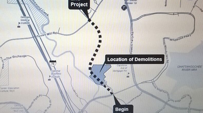 There have been 71 building demolitions for the new Windy Hill Road/Terrell Mill Road Connector. (Courtesy of Cobb County)