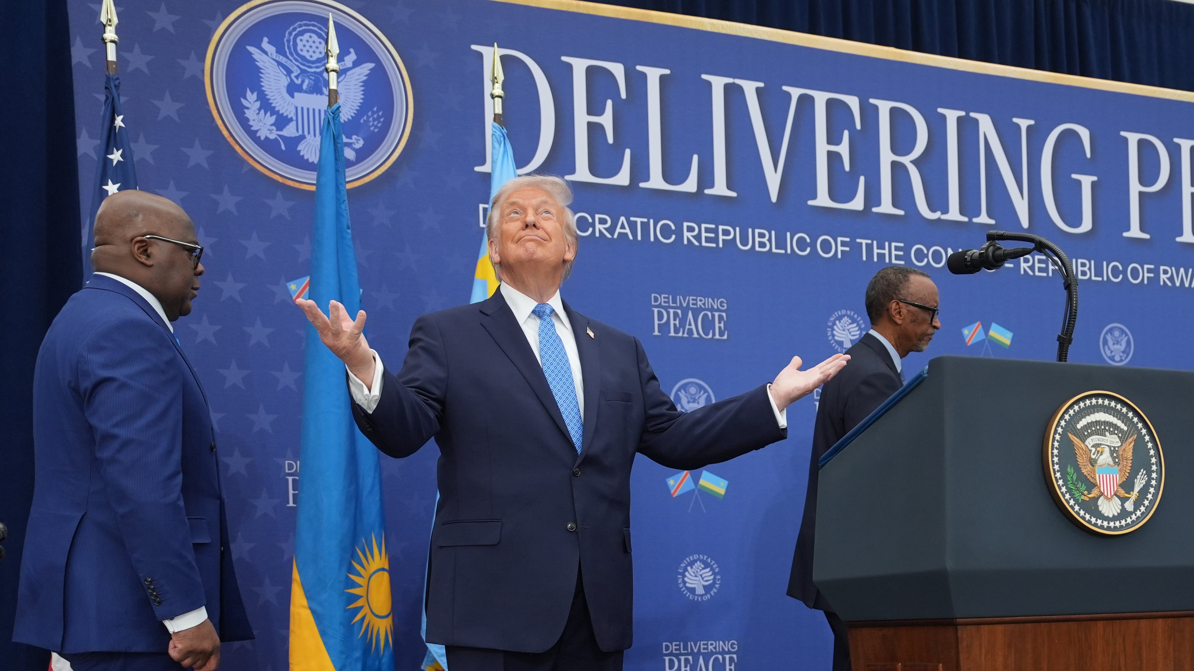 President Donald Trump arrives for a signing ceremony with Rwanda's President Paul Kagame and Democratic Republic of Congo President Felix-Antoine Tshisekedi at the U.S. Institute of Peace, Thursday, Dec. 4, 2025, in Washington. (AP Photo/Evan Vucci)