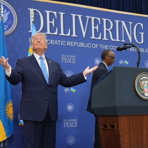 President Donald Trump arrives for a signing ceremony with Rwanda's President Paul Kagame and Democratic Republic of Congo President Felix-Antoine Tshisekedi at the U.S. Institute of Peace, Thursday, Dec. 4, 2025, in Washington. (AP Photo/Evan Vucci)
