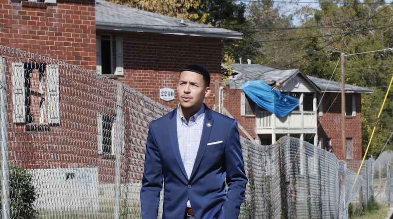 October 23, 2019 - Atlanta - Councilman Antonio Brown visited a blighted apartment complex on Verbena Street in northwest Atlanta and spoke to reporters about plans for a new advisory board to address the blighted properties in his district over the next two years. Bob Andres / robert.andres@ajc.com