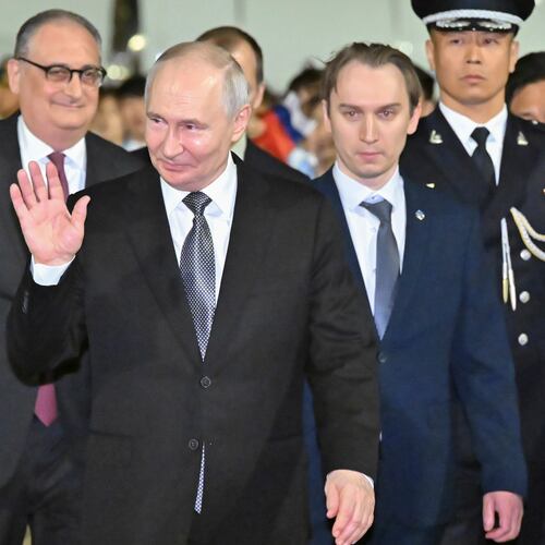 In this photo released by Xinhua News Agency, Russian President Vladimir Putin arrives for a state visit in Beijing on Tuesday, May 19, 2026. (Gao Jie/Xinhua via AP)