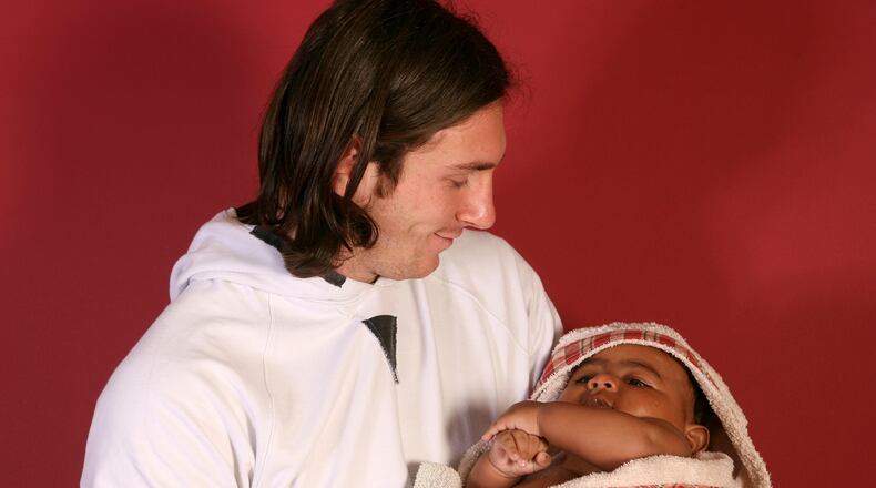 20-year-old soccer star Lionel Messi cradles Lamine Yamal, who was merely six months old at the time during a photo session in Sept. 2007 in the dressing room of the Camp Nou stadium in Barcelona, Spain. (AP Photo/Joan Monfort)