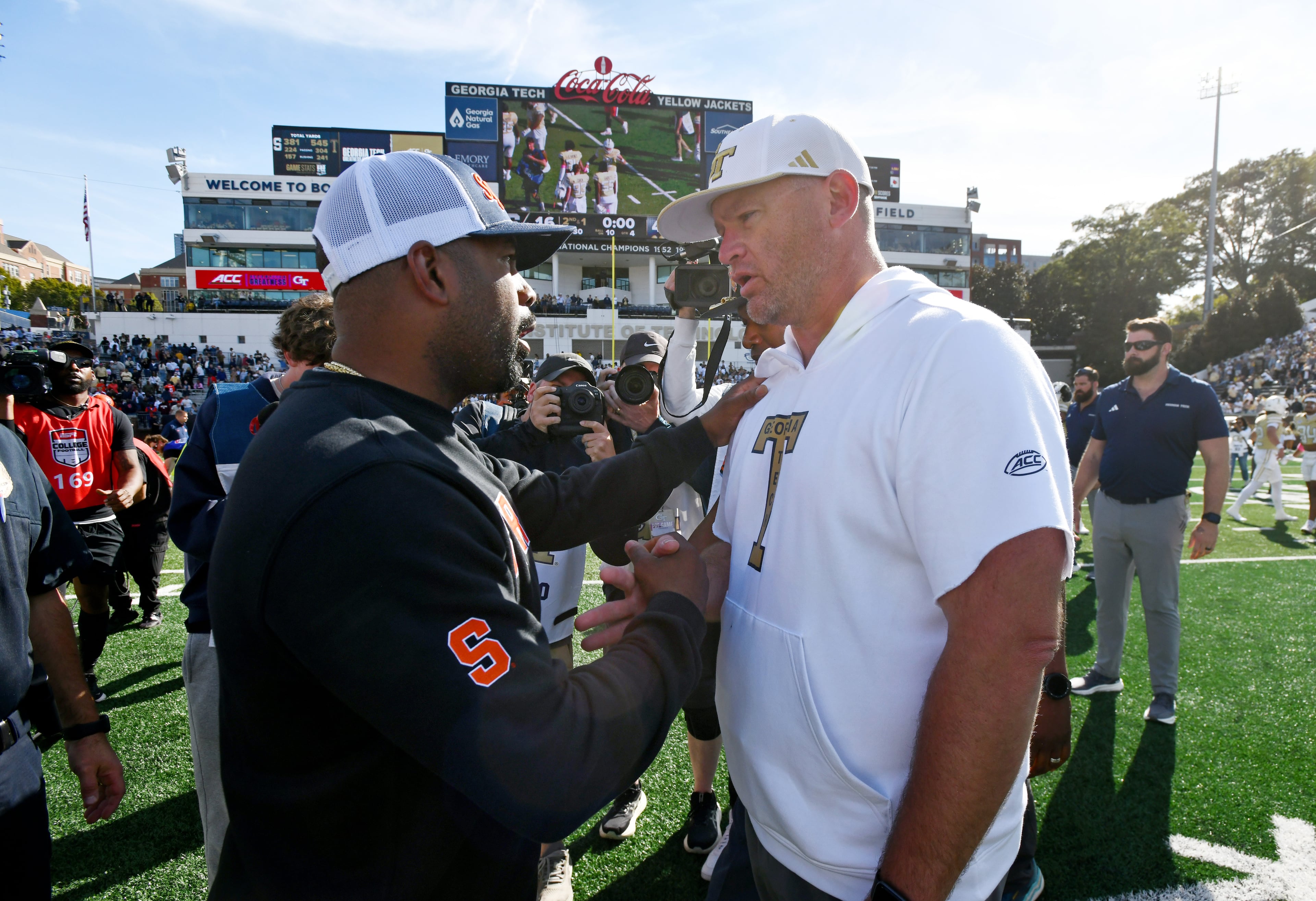 Georgia Tech head coach Brent Key and Syracuse head coach Fran Brown shake hand after Georgia Tech beat Syracuse during an NCAA college football game at Bobby Dodd Stadium, Saturday, Oct. 25, 2025 in Atlanta. Georgia Tech won 41-16 over Syracuse. The Yellow Jackets are 8-0 for the first time since 1966 and 5-0 in the ACC for the first time ever. (Hyosub Shin/AJC)