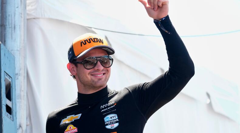 FILE - Pato O'Ward is introduced before an IndyCar auto race, Aug. 31, 2025, at Nashville Superspeedway in Lebanon, Tenn. (AP Photo/George Walker IV, File)
