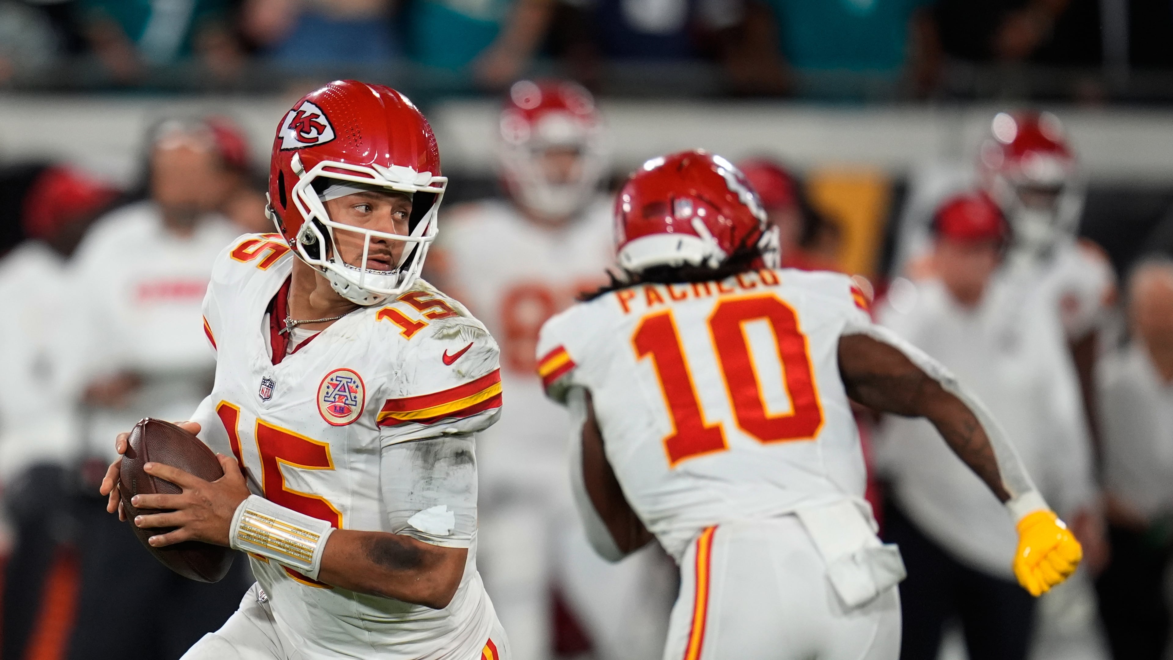 Kansas City Chiefs quarterback Patrick Mahomes (15) looks to pass during the second half of an NFL football game against the Jacksonville Jaguars, Monday, Oct. 6, 2025, in Jacksonville, Fla. (AP Photo/John Raoux)