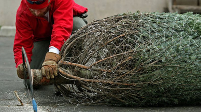 An employee cuts the trunk of a Christmas tree evenly before it leaves with a customer at Big John's Christmas Trees.