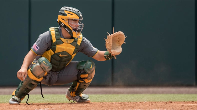 Baylor catcher Shea Langeliers prepares to face UCLA in an NCAA regional elimination game Sunday, June 2, 2019, at Jackie Robinson Stadium in Los Angeles.