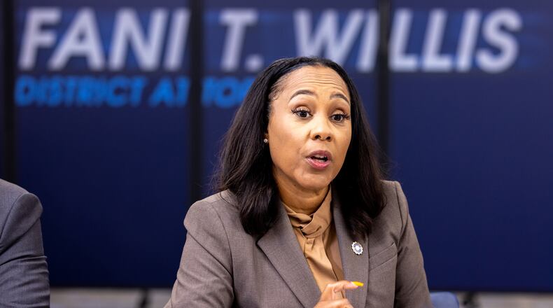Fulton County District Attorney Fani Willis speaks during a press interview at the district attorney’s office in Atlanta on Friday, July 12, 2024. Public safety officials presented findings from a report on repeat offenders.