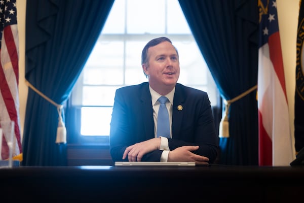 U.S. Rep. Brian Jack, R-Peachtree City, sits in his office inside the Rayburn House Office Building in Washington. (Nathan Posner for the AJC 2025)