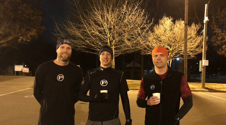 All part of F3 Alpha for several years having coffee after Brandon Lunsford's 5-year anniversary F3 workout in the parking lot of Wills Park in Alpharetta after the 5:30 a.m. “beatdown” (name for the workout). Each participant gets a funny nickname. (L-R: Nate Rozell - MillerTime, Brandon Lunsford - Cookie and Derek Bogda - Devito).