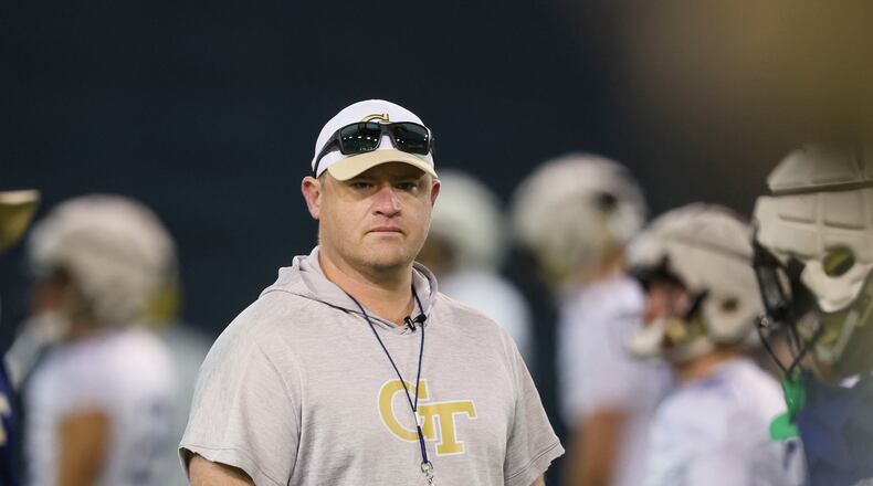 In this file photo, Georgia Tech coach Brent Key watches warm-ups during their first day of spring football practice at the Brock Indoor Practice Facility, March 11, 2024, in Atlanta. (Jason Getz/The Atlanta Journal-Constitution/TNS)