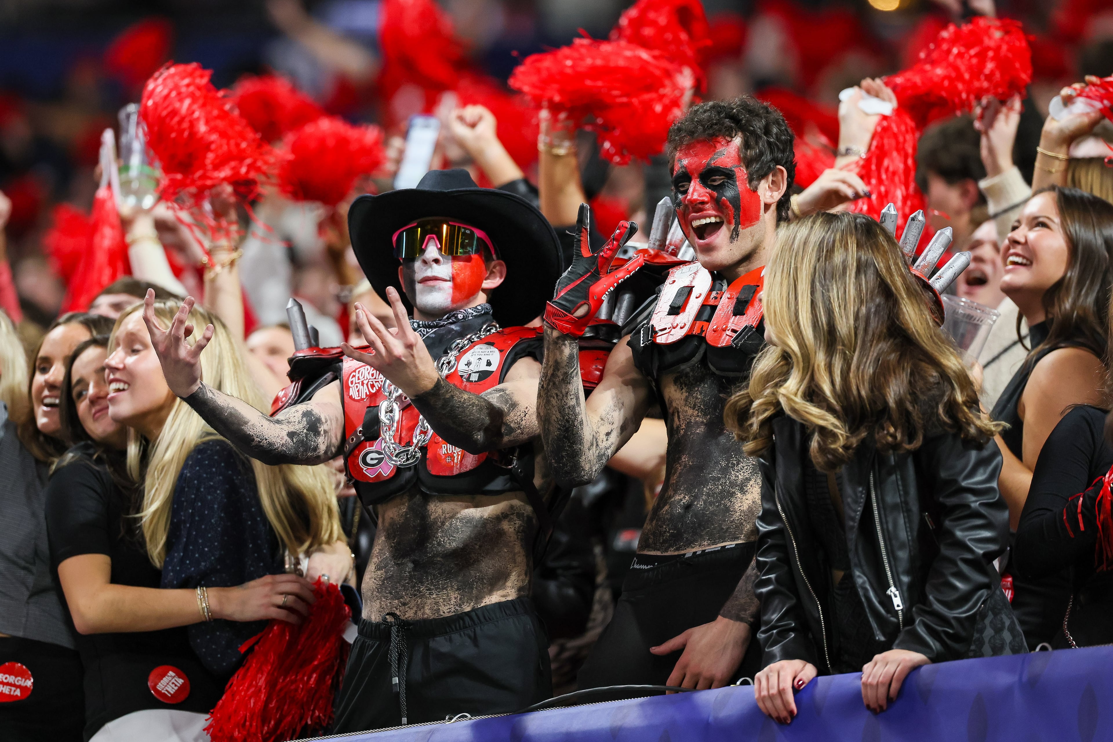 Georgia celebrates a 28-7 victory over Alabama in the SEC Championship game at Mercedes-Benz Stadium, Saturday, Dec. 6, 2025, in Atlanta. (Jason Getz / AJC)