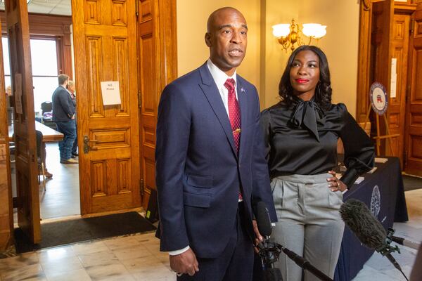 Kelvin king talks with the press at the State Capitol after qualifying to run for office on the second day of qualifying Tuesday, March 8, 2022, at the Georgia State Capitol.  STEVE SCHAEFER FOR THE ATLANTA JOURNAL-CONSTITUTION