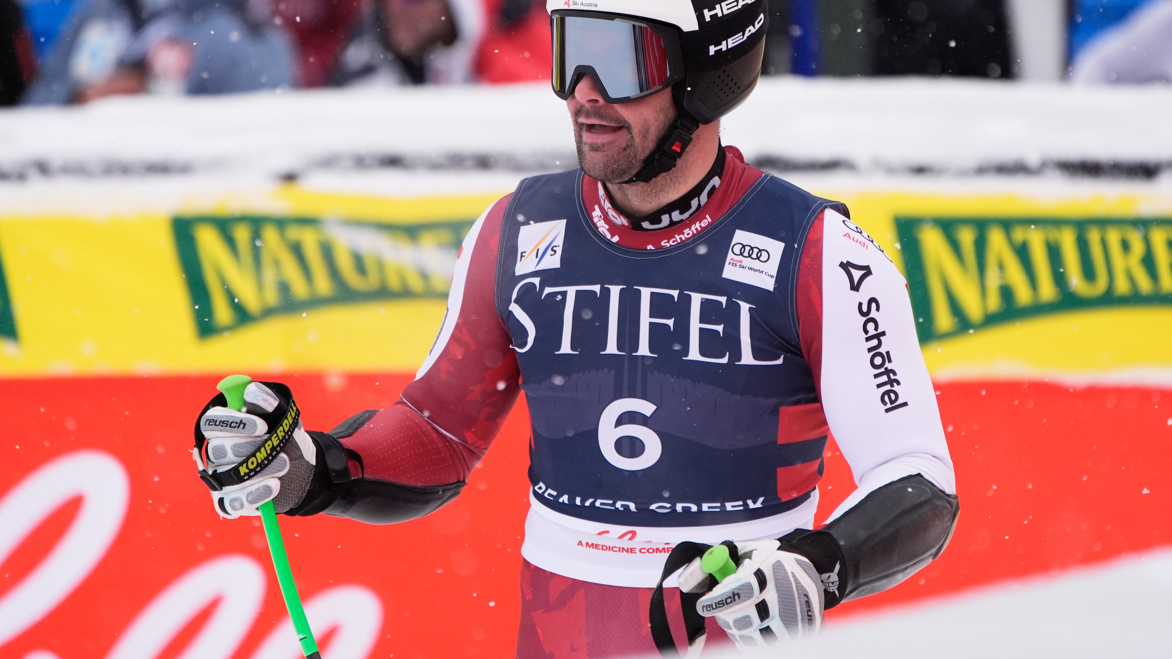 Austria's Vincent Kriechmayr reacts after his run during a World Cup men's super-G skiing race, Friday, Dec. 5, 2025, in Beaver Creek, Colo. (AP Photo/John Locher)