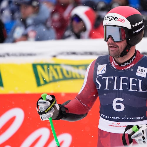 Austria's Vincent Kriechmayr reacts after his run during a World Cup men's super-G skiing race, Friday, Dec. 5, 2025, in Beaver Creek, Colo. (AP Photo/John Locher)