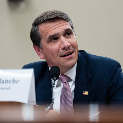 Acting Attorney General Todd Blanche testifies before the House Appropriations Committee, Tuesday, June 2, 2026 in Washington. (AP Photo/Allison Robbert)