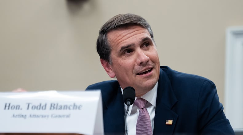 Acting Attorney General Todd Blanche testifies before the House Appropriations Committee, Tuesday, June 2, 2026 in Washington. (AP Photo/Allison Robbert)