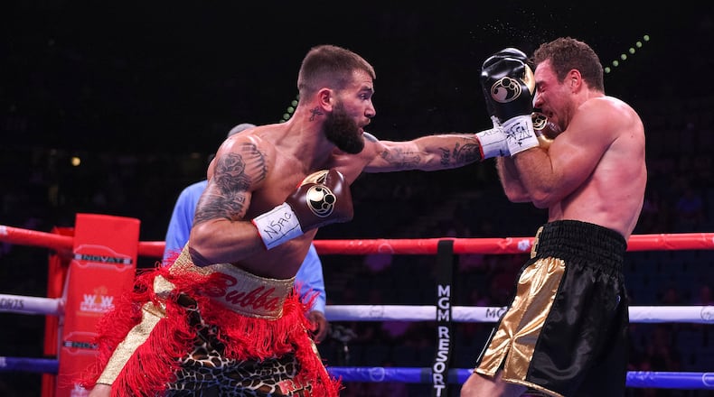 LAS VEGAS - JULY 20: Caleb Plant punches at Mike Lee during the FOX Sports PBC Pay-Per-View and PBC on Fox Fight Night at the MGM Grand Garden Arena on July 20, 2019 in Las Vegas, Nevada. (Photo by Stewart Cook/Fox Sports/PictureGroup)