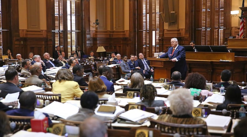 March 23, 2018 - House Speaker David Ralston speaks from the well as he honors the life of former Georgia Governor Zell Miller in the House Chamber during legislative day 38 at the Georgia State Capitol Friday, March 23, 2018, in Atlanta. The former governor and senator Zell Miller died Friday at the age of 86. PHOTO / JASON GETZ