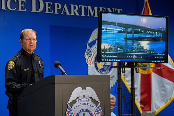Clearwater, Fla., Police Chief Eric Gandy shows the media a boat crash video during a news conference Monday, April 28, 2025, in Clearwater, Fla., after multiple people were injured in the deadly accident Sunday night. (AP Photo/Chris O'Meara)
