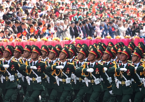 Vietnamese troops march during a parade to commemorate the 50th anniversary of the end of the Vietnam War in Ho Chi Minh City, Vietnam Wednesday, April 30, 2025. (AP Photo/Hau Dinh)
